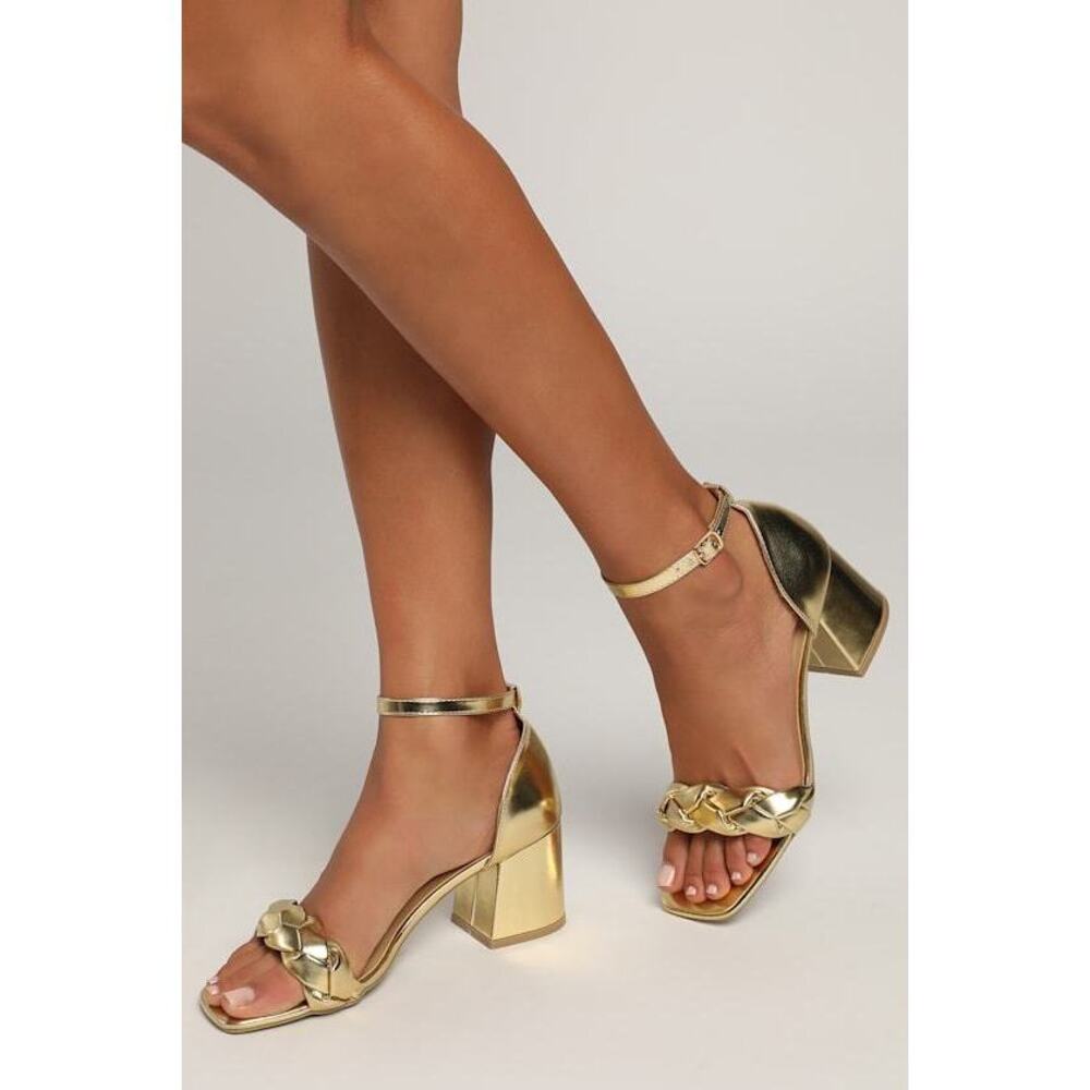 Lulus Elda Gold Woven Ankle Strap High Heeled Sandals - Size 10